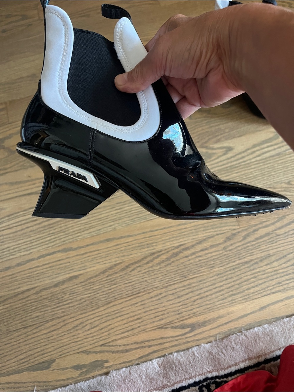 Prada Black and White Patent Leather Pointed Ankle Boot